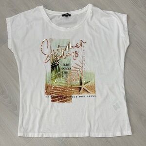 White Cap Sleeve Graphic Tee with Gold Accents